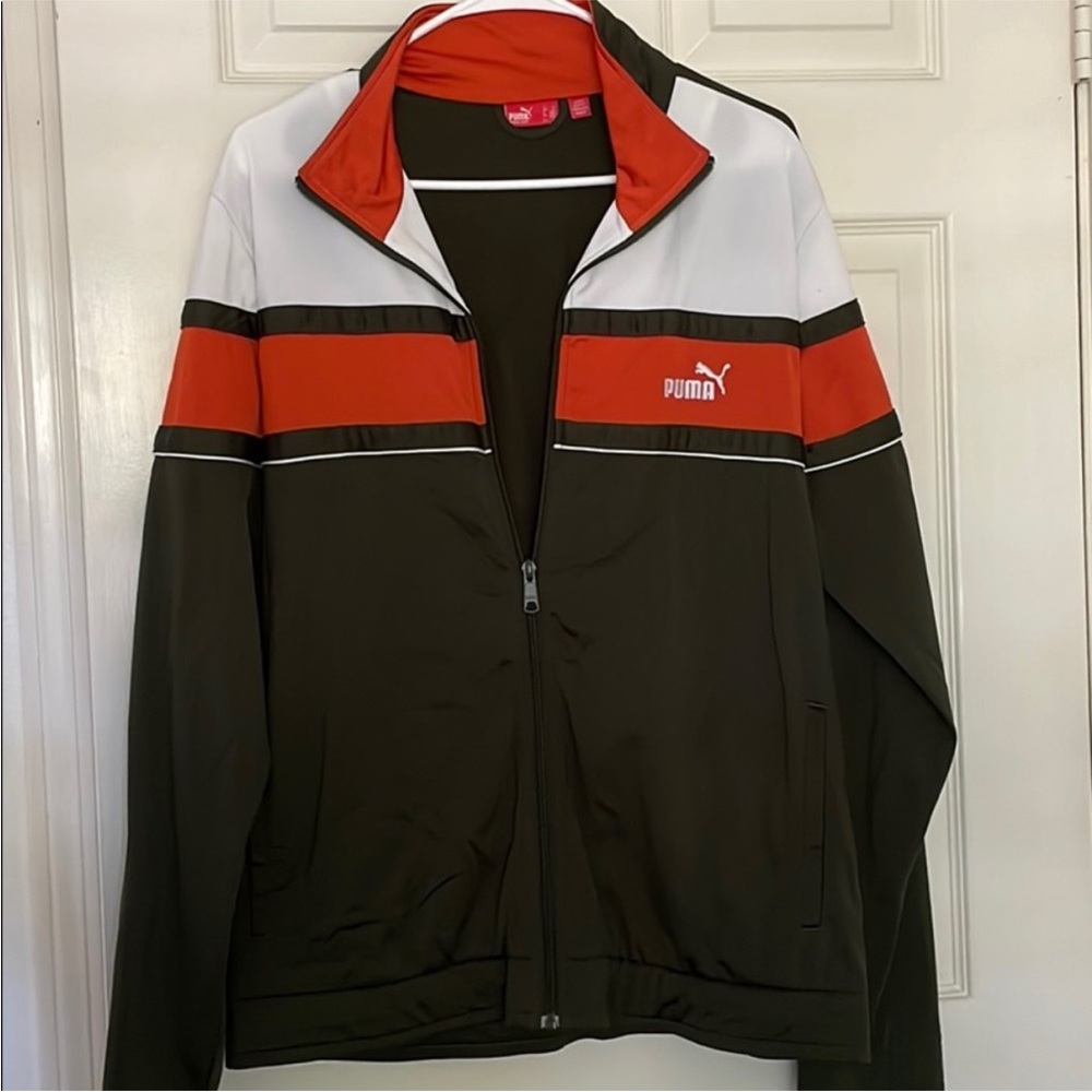 PUMA Men's Dark Green, White, and Orange Track Jacket